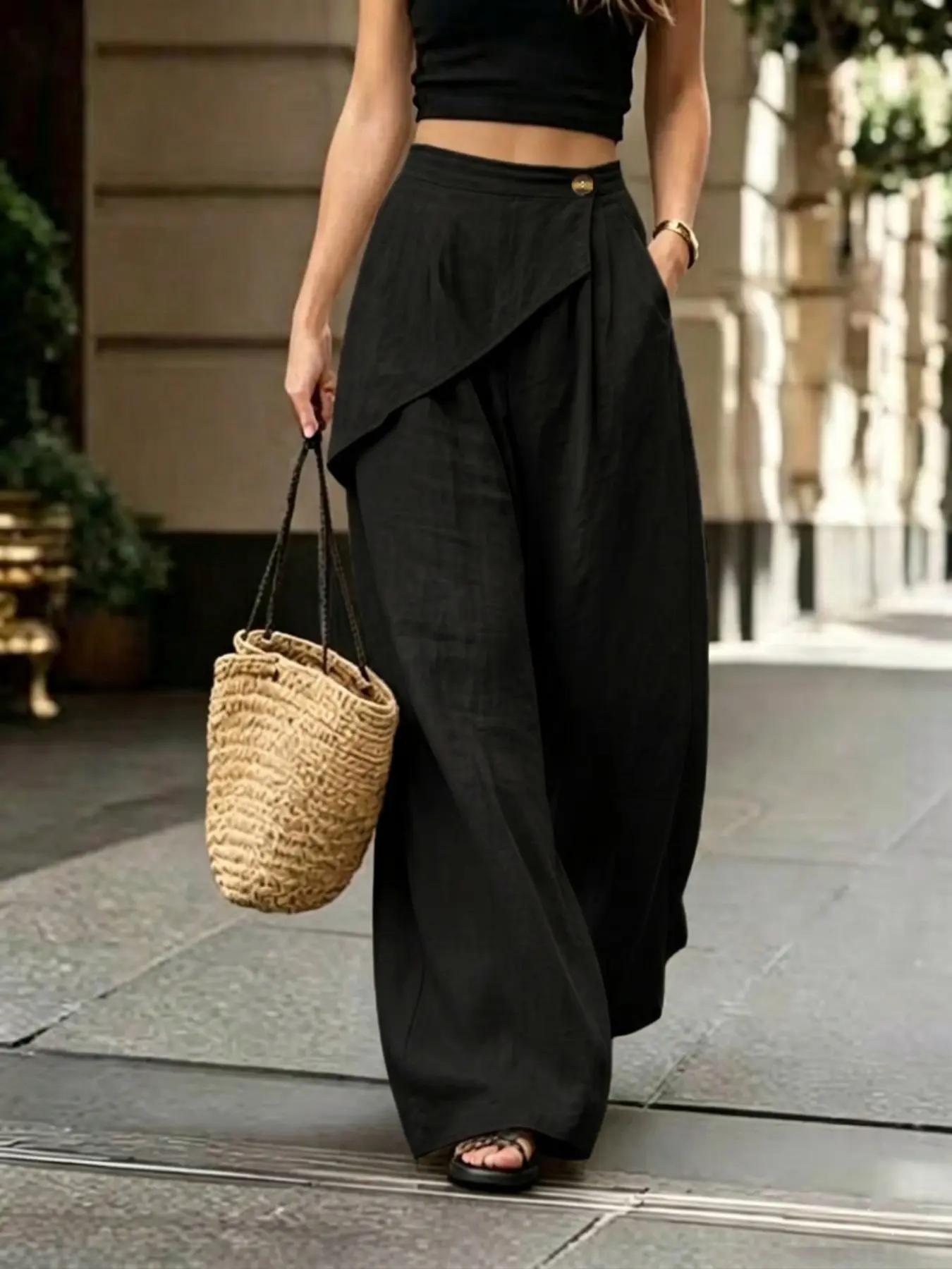 Women's Wide Leg Pants, Bottoms, Asymmetrical Layered Design, Elastic Waist, Elegant Fashion, Suitable for All Seasons, Various Occasions