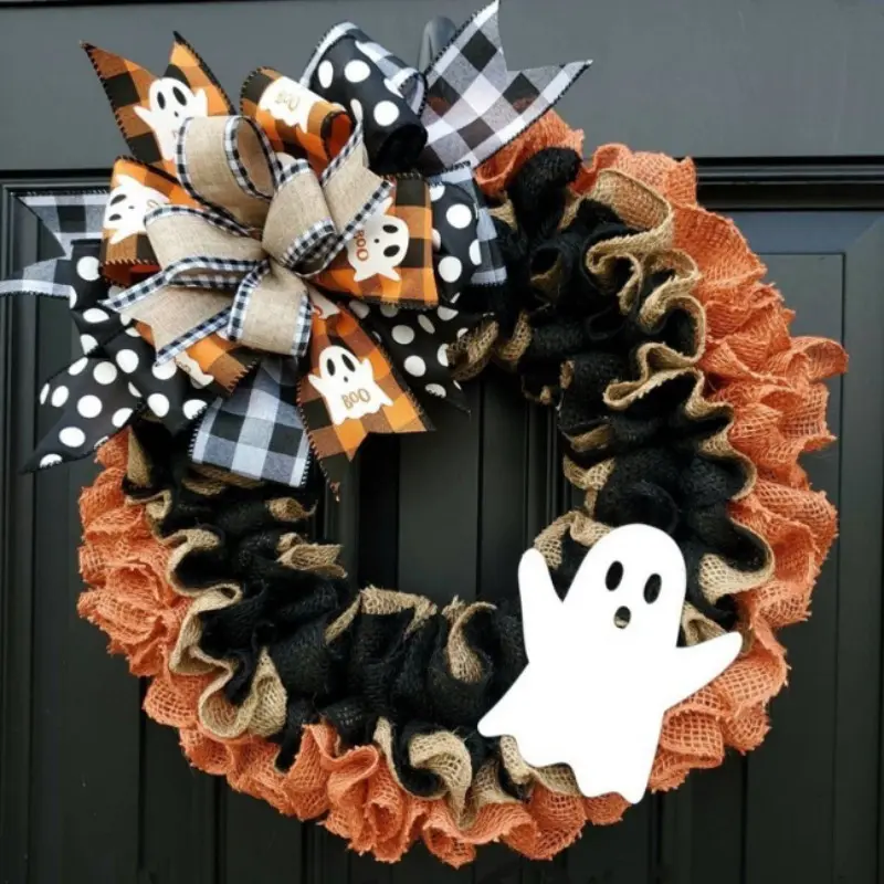 Halloween Ghost Wreath with Burlap Bow, Front Door Hanging Ornament, Spooky Haunted House Decor for Indoor Outdoor Halloween Party