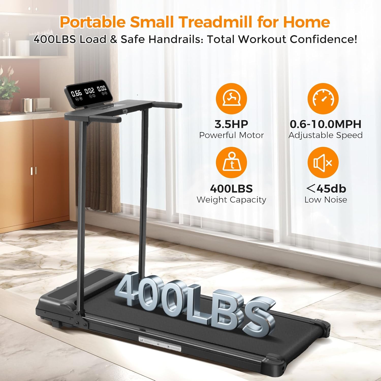 SUNDAY MIRTH Folding Walking Pad Treadmill with Handle Bar, 3.5HP Compact Portable Foldable Walking Pads Treadmill with Handles, Electric Small Treadmills for Home Office Apartment, LED Display, 400 LBS Capacity