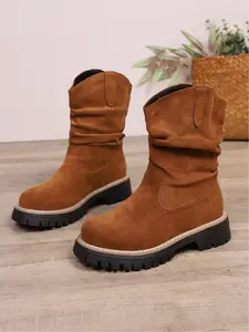 Brown Suede Slouch Boots Women Vintage Ruched Platform Western Boots Contrast Trim Non Slip Mid Calf Booties