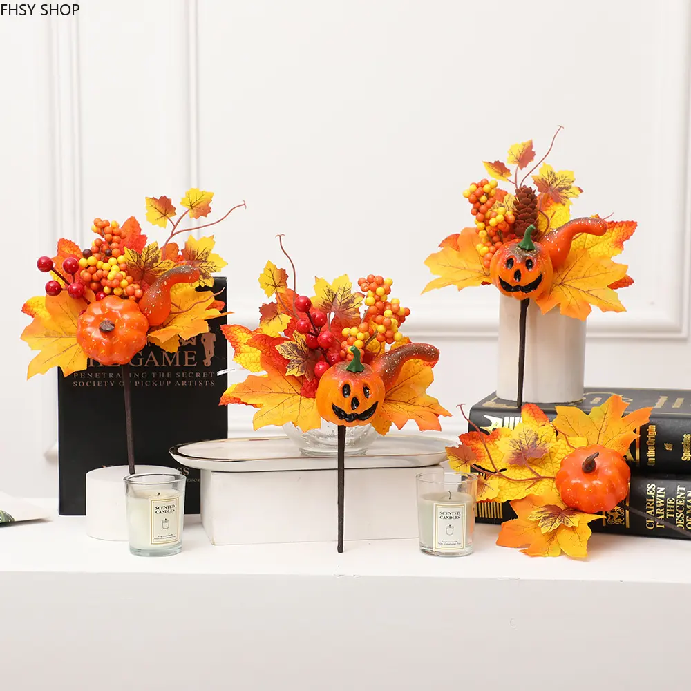 Decorative Harvest Pumpkin-Maple Leaf Artificial Centerpiece Set, Synthetic Foam Ornaments with Pinecones-Red Berries, Thanksgiving-Halloween Table Accents, Centerpieces