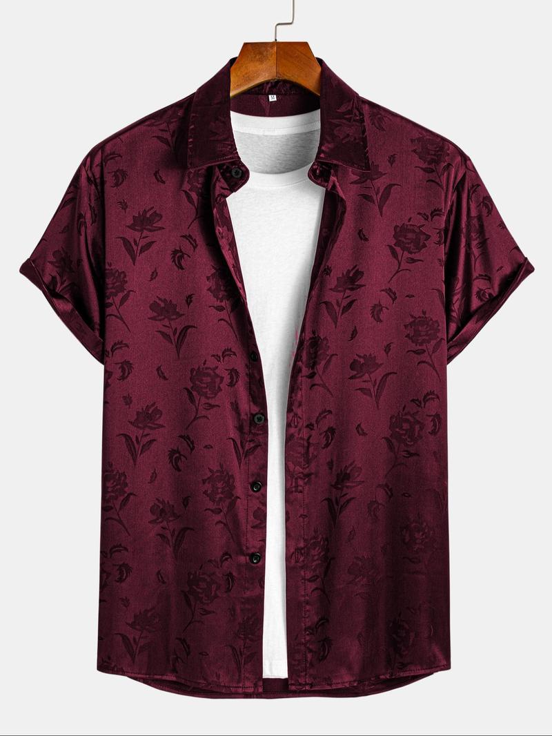Men's Rose Print Jacquard Shirt, Regular Fit Short Sleeve Collared Top for Summer, Fashion Men's Clothes for Daily Wear, Casual Stylish Menswear