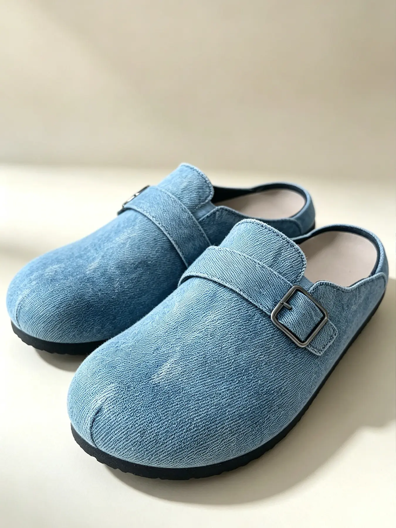 Vintage Washed Denim Buckle Slip-On Half Sandals, Unisex Soft Sole No Heel Lazy Mule Shoes, Outdoor Commute Casual Non-Slip Slippers