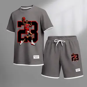 Men's 23 Basketball Player Print Waffle Fabric 2-Piece Sets Sporty Men's Clothing - Short-Sleeved Shirt and Shorts Set