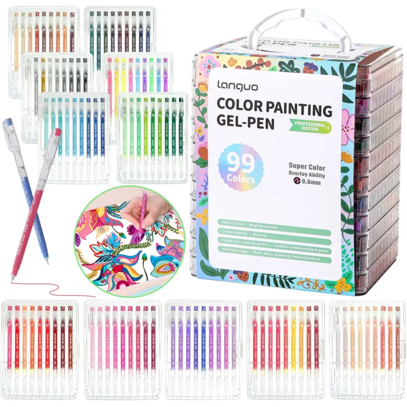 Languo New 45/72/99/144 Color Gel Pens, 0.6mm Fine Tip, Non-Toxic, Smooth, Water-Based, with Storage Box, for Journaling, Coloring, DIY Crafts, Drawing Pens