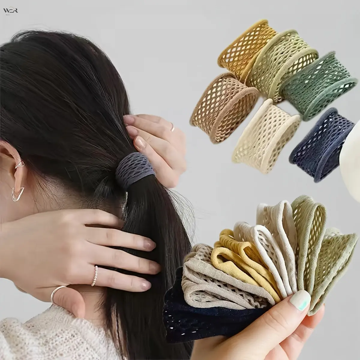 Hollow Mesh Wide Elastic Hair Scrunchies for Women, Breathable Fishnet Donut Hair Ties Stretchy Soft Fabric Hair Bands, Fashion Neutral Color Ponytail Holder Daily Casual Hair Accessories for Girls