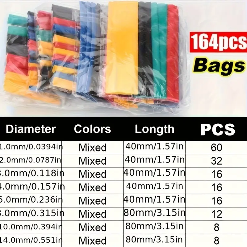 164-Piece Heat Shrink Tubing Set, Durable Polyolefin Material, 2:1 Shrink Ratio, Multiple Sizes, Ideal for Electrical Connections