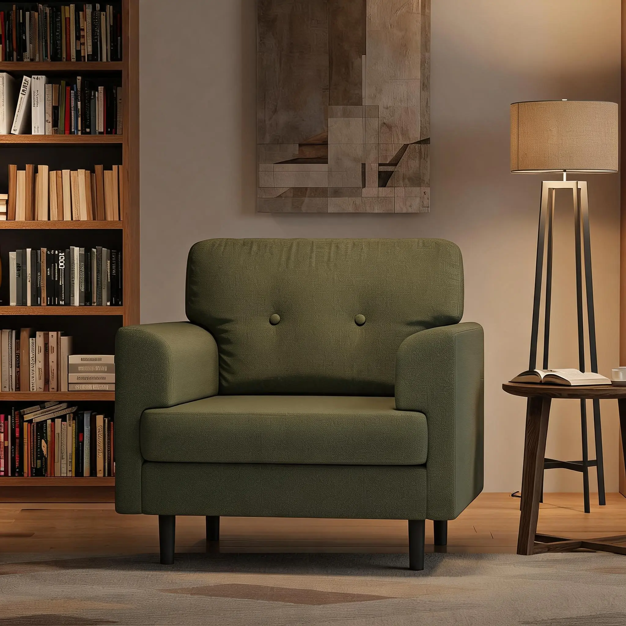 Comfortable Modern Linen Accent Chair – 38" Upholstered Single Seater with Wide Armrests & High-Density Foam – Ideal Lounge or Reading Chair for Living Room, Bedroom, Office – Beige/Green