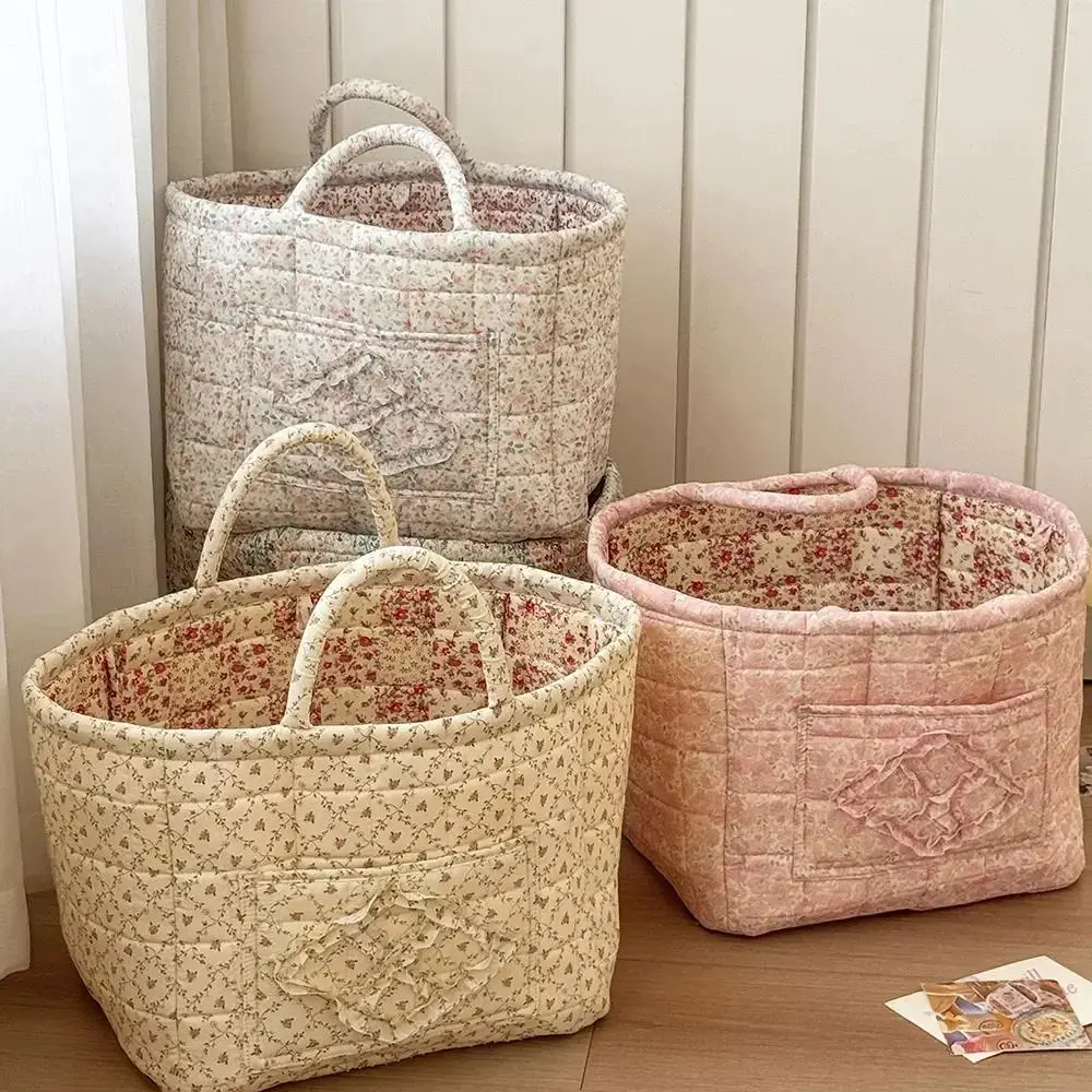 Vintage Floral Cotton Storage Basket, Collapsible Decorative Organizer with Handles for Home & Car Use, 32x26x25cm, Floral Pattern Basket