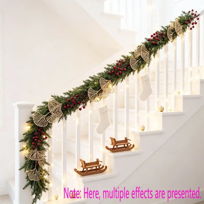 2 pieces of 80.87 feet realistic Christmas wreath | Artificial plant Norfolk pine branches wreath, suitable for indoor decoration of family fireplace holiday parties, Christmas pine, golden fan, red fruit branches