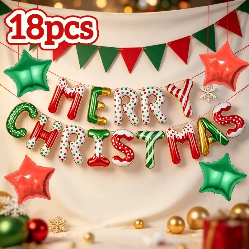 18-Piece Merry Christmas Balloon Set, Star Balloons, Festive Home Party Store Decor, Holiday Decoration Supplies