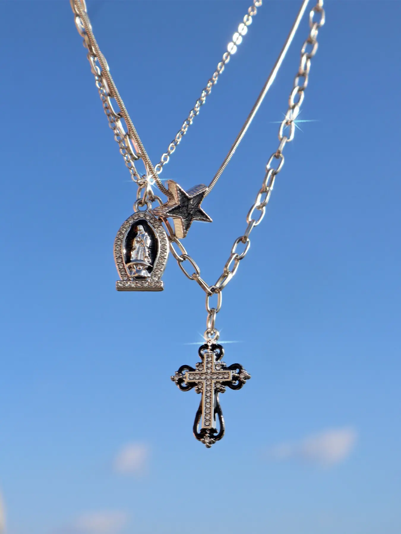 Religious Virgin Mary Cross Multi-Layer Necklace, Star Girl Necklace, Party Cross Chain Necklaces, Elegant Jewelry for Special Occasions