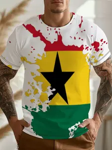 Men's Ghana Theme Digital Print T-Shirt, African Culture Short Sleeve Round Neck, Traditional Symbols, Casual Summer Wear, Regular Fit