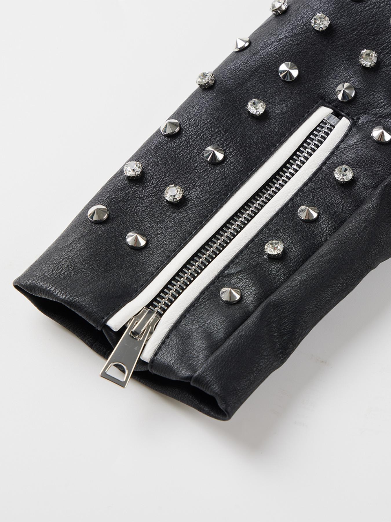 Women's Spring Autumn Jacket with Belt, Casual Vintage Simple Motorcycle Jacket, Rivet Coat with Pockets and Asymmetrical Zipper, Zip Front Jacket, Colorblock Jacket