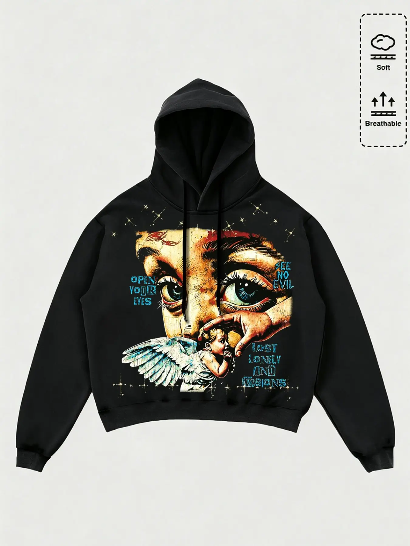 Men's Black Graphic Hooded Sweatshirt | Modern Gothic Angel Art Pattern | Loose Comfort Drop Shoulder Fit | For Gen Z Youth Streetwear Outdoor Casual Wear | Street Fashion Sweatshirt
