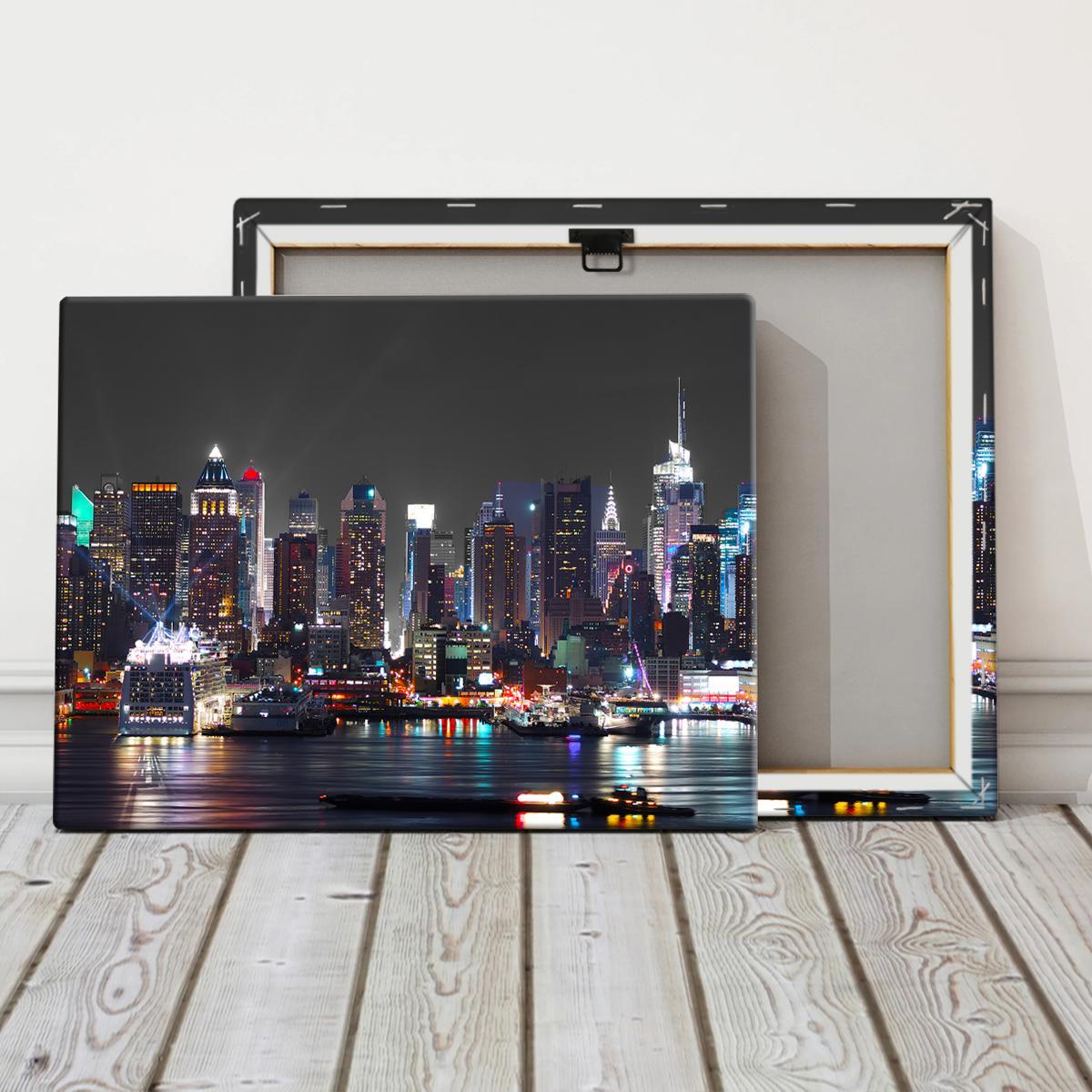 New York City Night View Canvas Print with Frame, Modern Art Decoration, Living Room Bedroom Decoration, Hallway Office Mural, Ideal Gift, Poster
