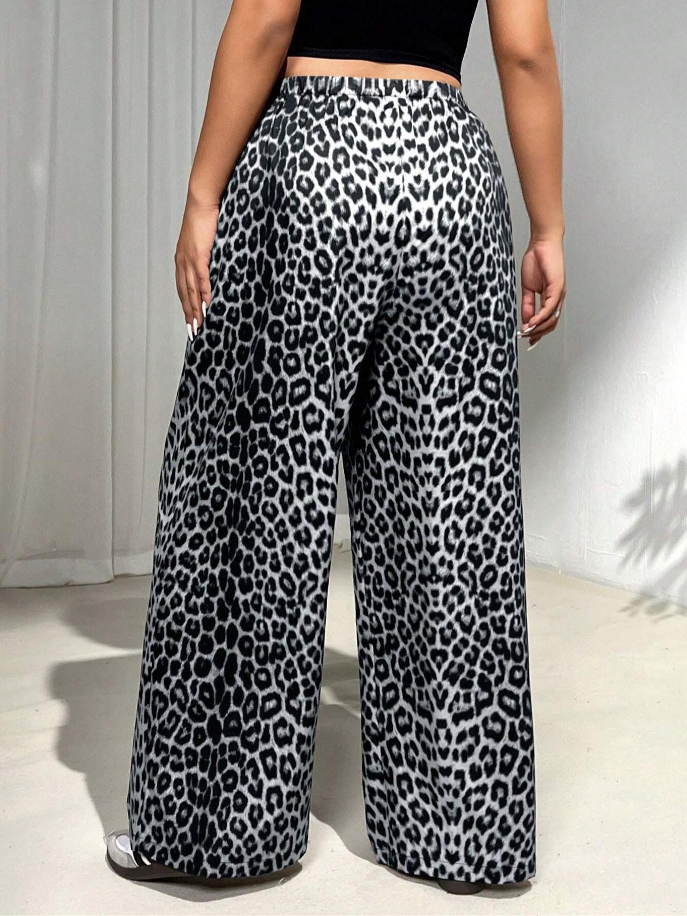 【Plus Size】 Leopard Print Wide Leg Pants, Casual Comfy Trousers for Daily Wear, Women's Bottoms for All Seasons, Casual Fashion Pants
