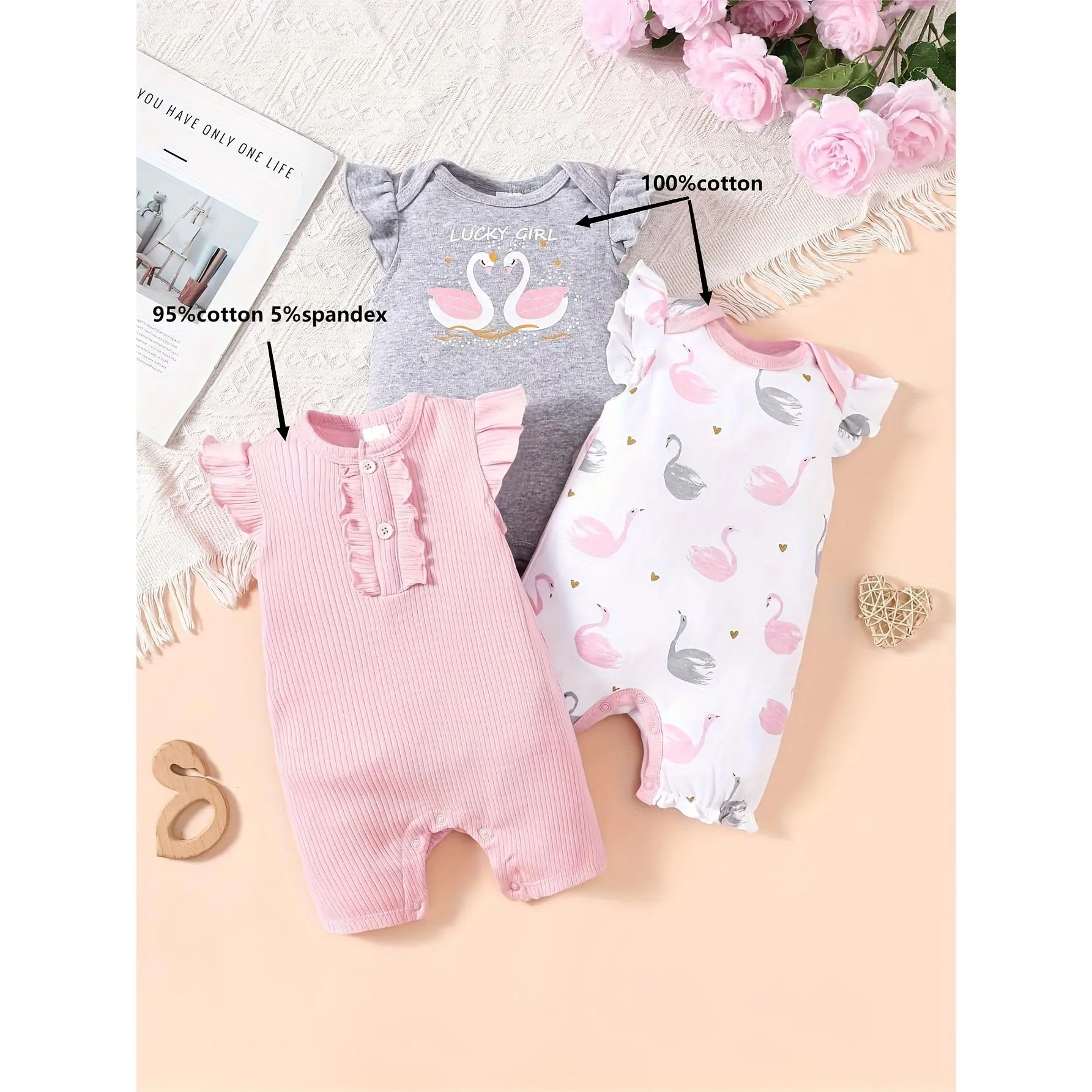 Girls' 3-Piece Cotton Triangle Jumpsuit Set - Cartoon Swan Pattern, Casual Wear, Summer Outdoor Sleepwear for Babies, Set Pack