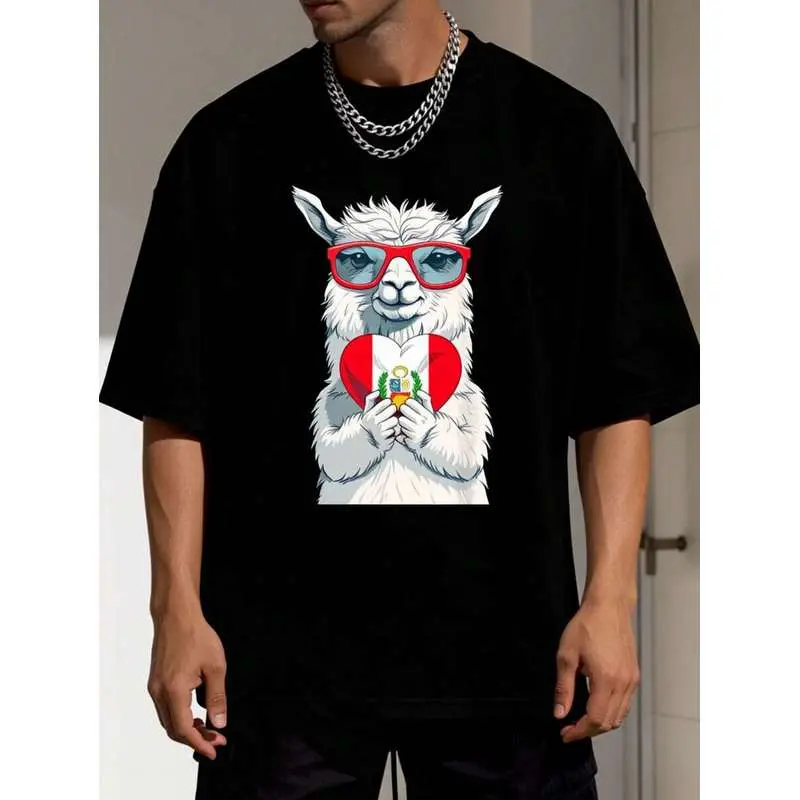 1PC Spring And Summer T-Shirt Regular Size 180G Pure Cotton Plus Cool Llama With Red Glasses Holding Peru Flag Heart Printed T-Shirt Multi Color Selec