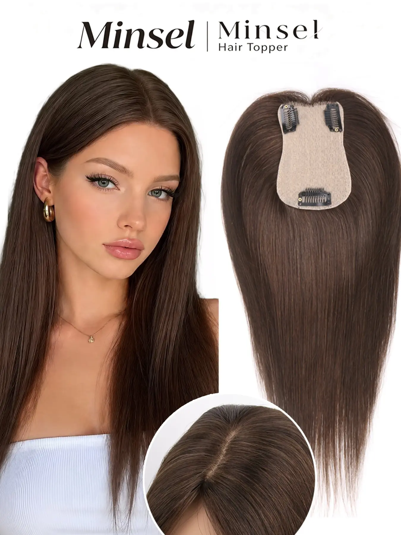 Real Human Hair Topper For Women,Clip In Hair Extensions 7x11cm PU Base,Suitable for People with Thinning Hair Add Volume And Vover Gray Hairs #2C Dark Brown Black