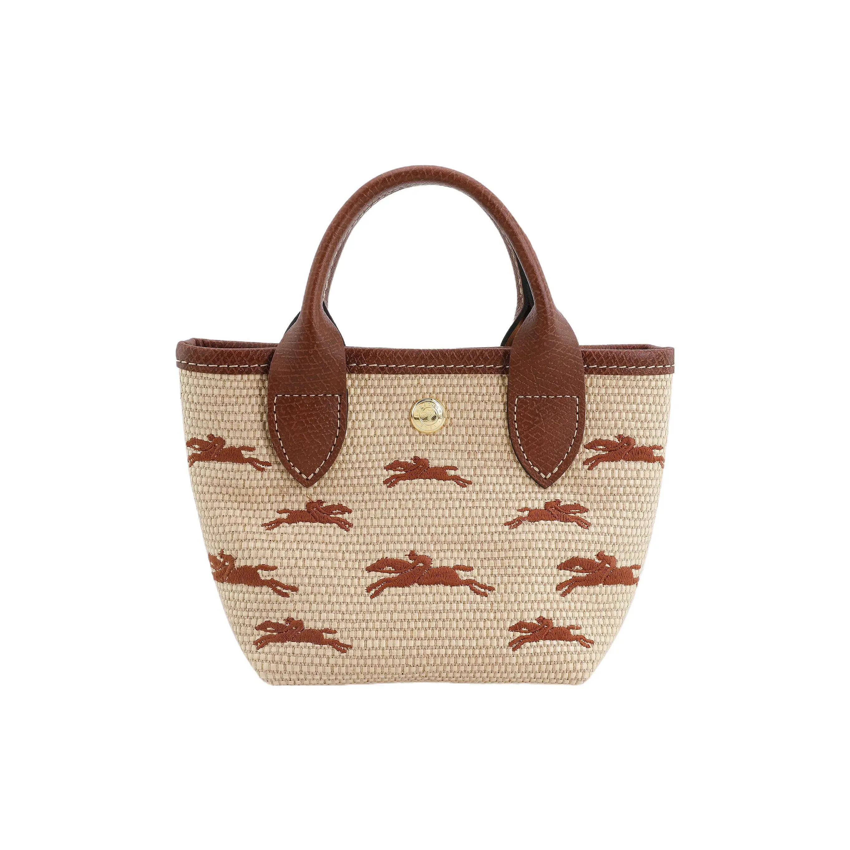 Longchamp Le Panier Folding Handbag for Women – Logo Snap Closure, Calfskin-Trimmed, Mini Tote, Beige and Brown