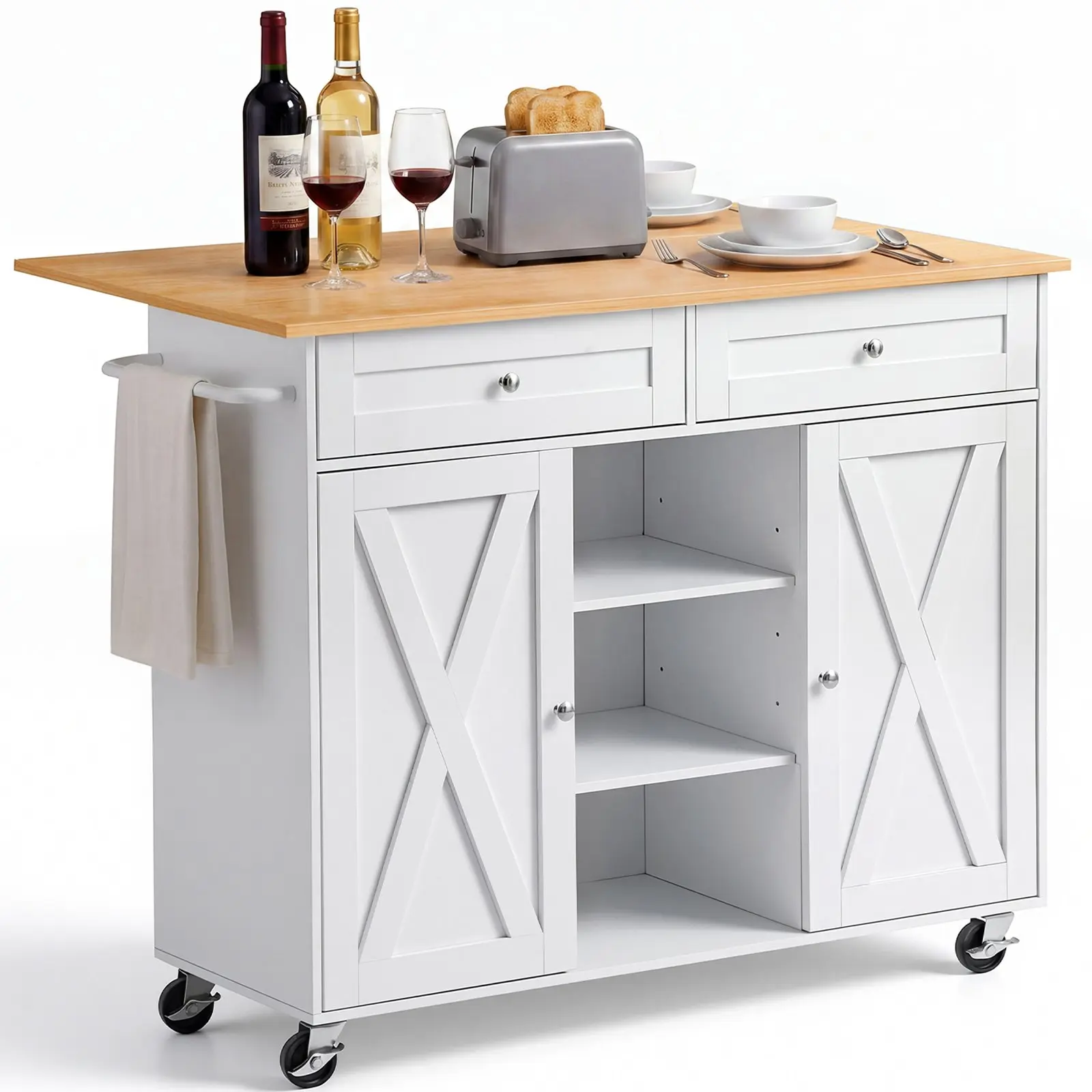 VEVOR Kitchen Island Cart with Storage, 45.67 in Wide Mobile Rolling Storage Island on Swivel Wheels, with 2 Drawers, Storage Cabinet, Drop Leaf, Towel Rack, Table for Home Dining Room, White
