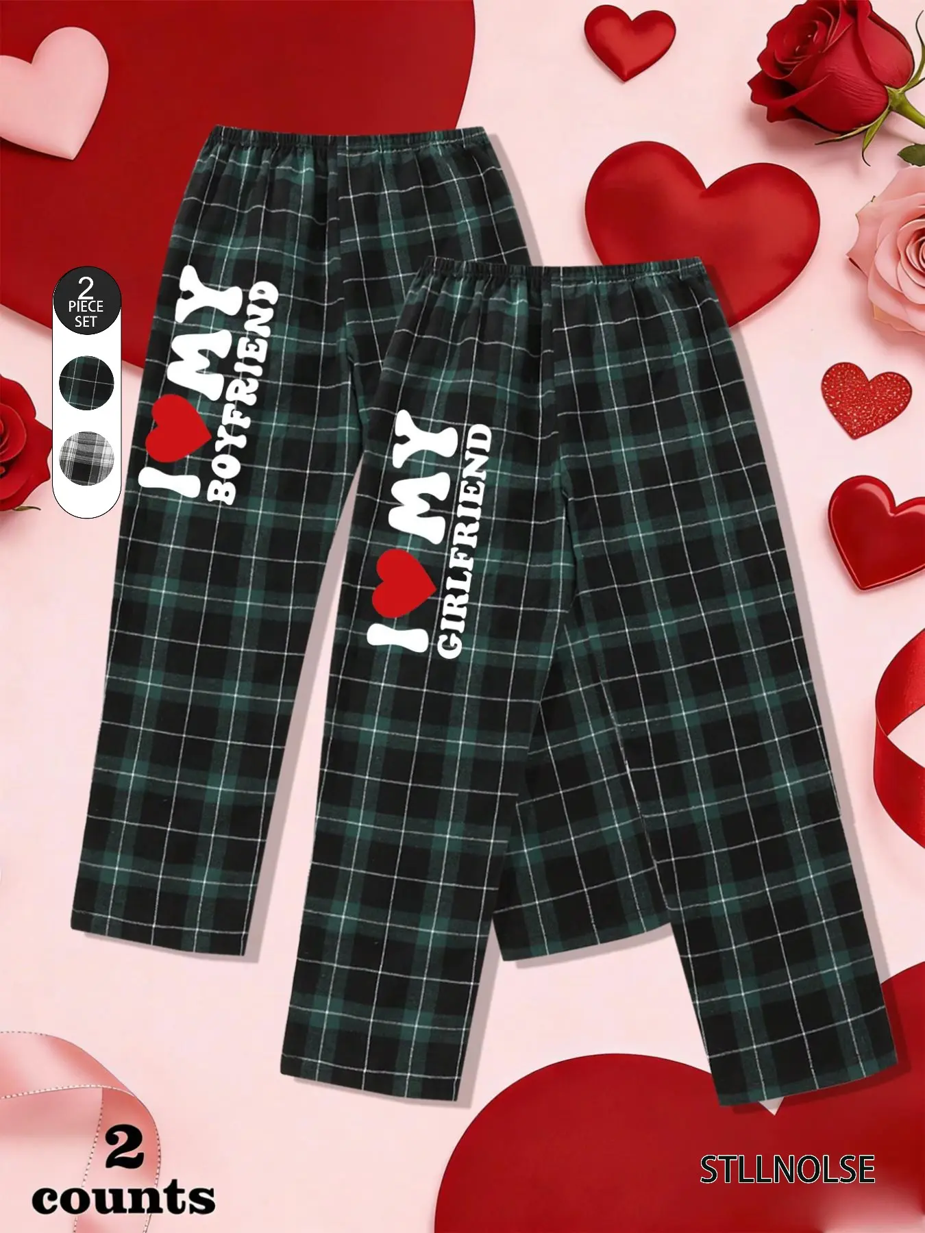 Trendy Couple Plaid Pajama Pants, Heart Letter Print, Loose-Fit, Two-Piece Set, Perfect for Home, Sleep, Gift, All Seasons