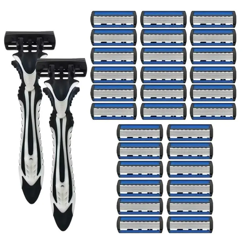 Men’s 6-Layer Manual Razor Set, 2 Non-Slip Rubber Handles & 28 Replacement Blades, Sharp Stainless Steel Shaver Blades, Comfort Grip Design for Smooth Close Shave, Disposable Refill Razors for Home Travel Daily Shaving