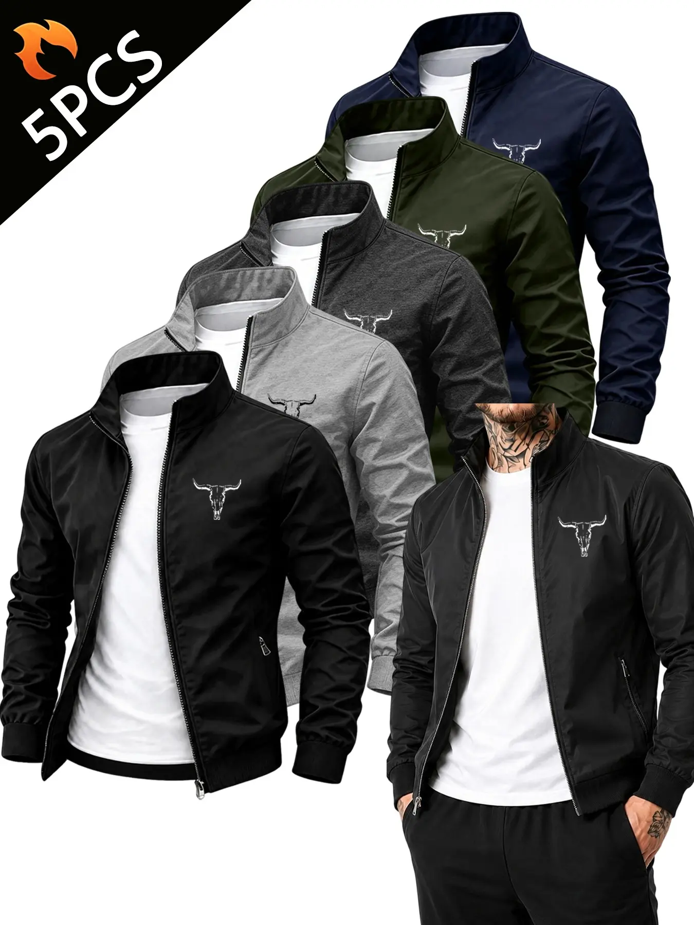 Men's Stand Collar Skull Print Jacket Set of 5, Classic Stand Collar, Full Zipper Design, Casual Street Style, Suitable for Daily Wear