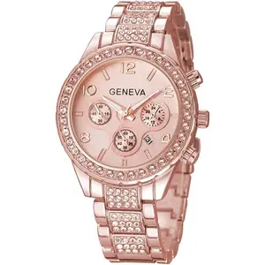 Unisex Luxury Neutral Crystal Quartz Watch - Rose Gold/Silver Stainless Steel Case, Digital Calendar Functionality choice gift
