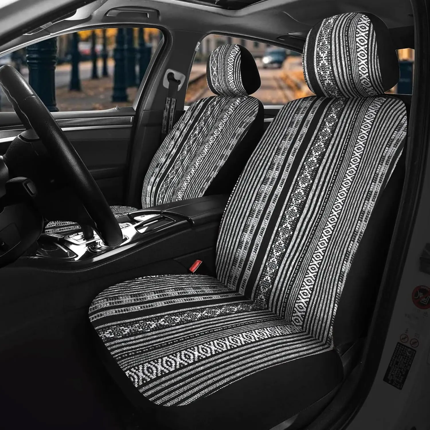 Nilight Car Seat Covers 2PCS Black Stripes Baja Saddle Blanket with Shoulder Pads Breathable Washable Striped Woven Airbag Compatible Universal for Cars SUV Truck Front Seat