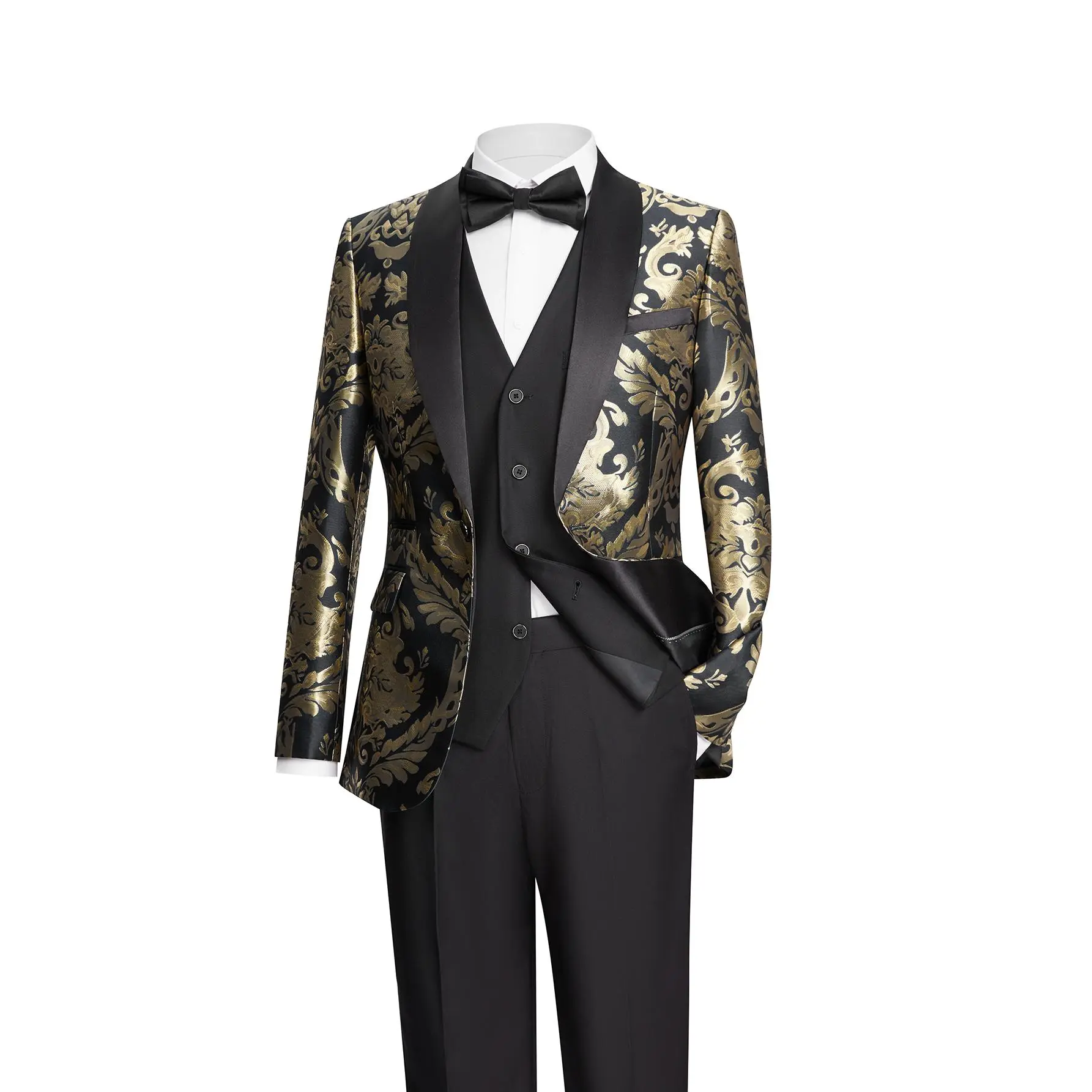 Men's Classic 3-Piece Paisley Suit Set, Satin Shawl Lapel Blazer, Vest & Slim Fit Pants, Polyester Viscose Formal Menswear for Weddings, Tuxedo, Chic