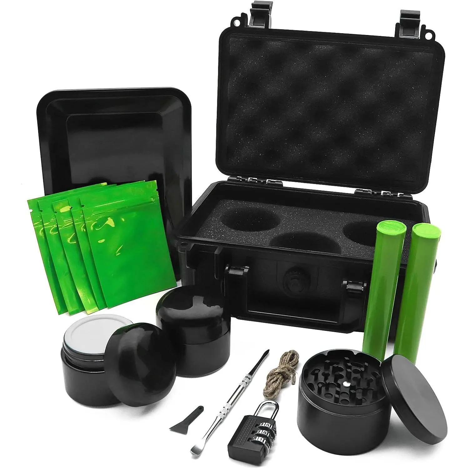 Smell Proof Storage Box - ABS Plastic Storage Container with Lock - Portable Waterproof Box - Black Padded Storage Box - 14 Piece Accessories Kit Set Suit for Travel Gifts
