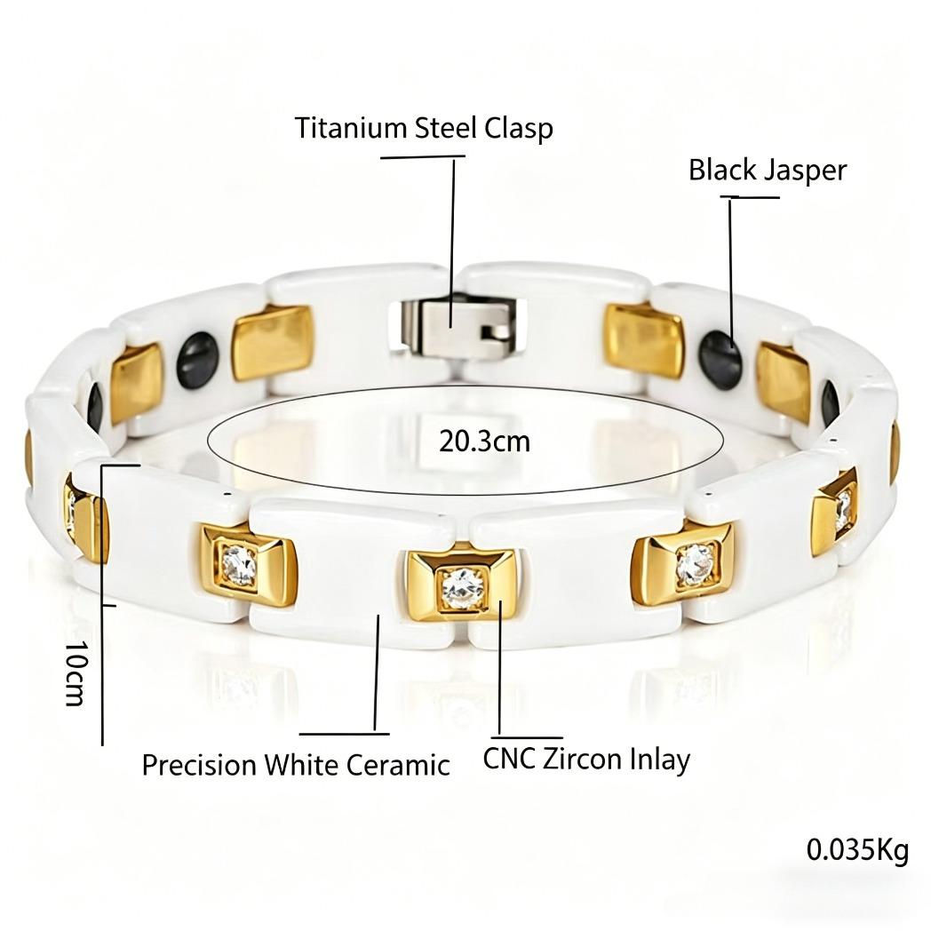 Men Women's Ceramic Bracelet, Health Energy Hematite Bracelet, Gold Tone AAA Cubic Zirconia Wrist Chain for Ladies