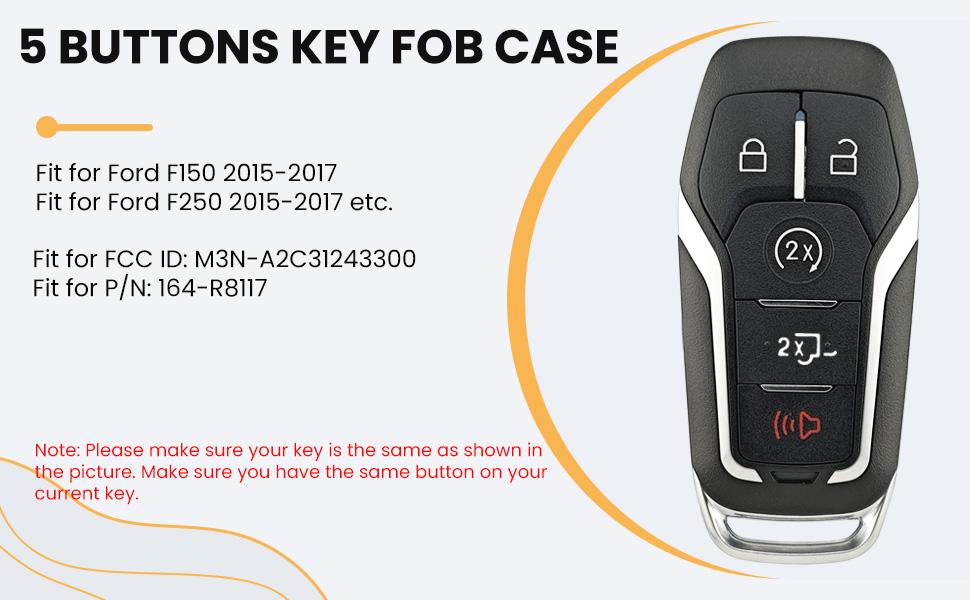 Key Fob Shell Case Replacement Fits for Ford F150 F250 2015 2016 2017 FCC ID:M3N-A2C31243300 P/N:164-R8117 Keyless Entry Remote Control 5 Button Pad Cover
