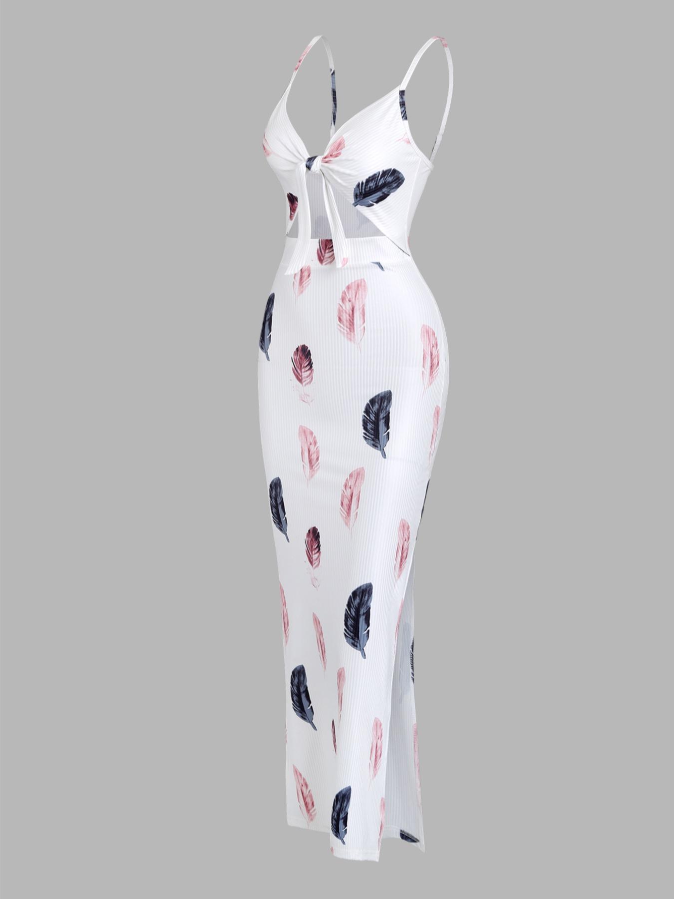 Women's Floral & Feather Print Cut Out Backless Cami Dress Adjustable Strap Split Thigh Long Dress for Summer, Ladies Clothes for Beach Holiday Boho Sleeveless Dress