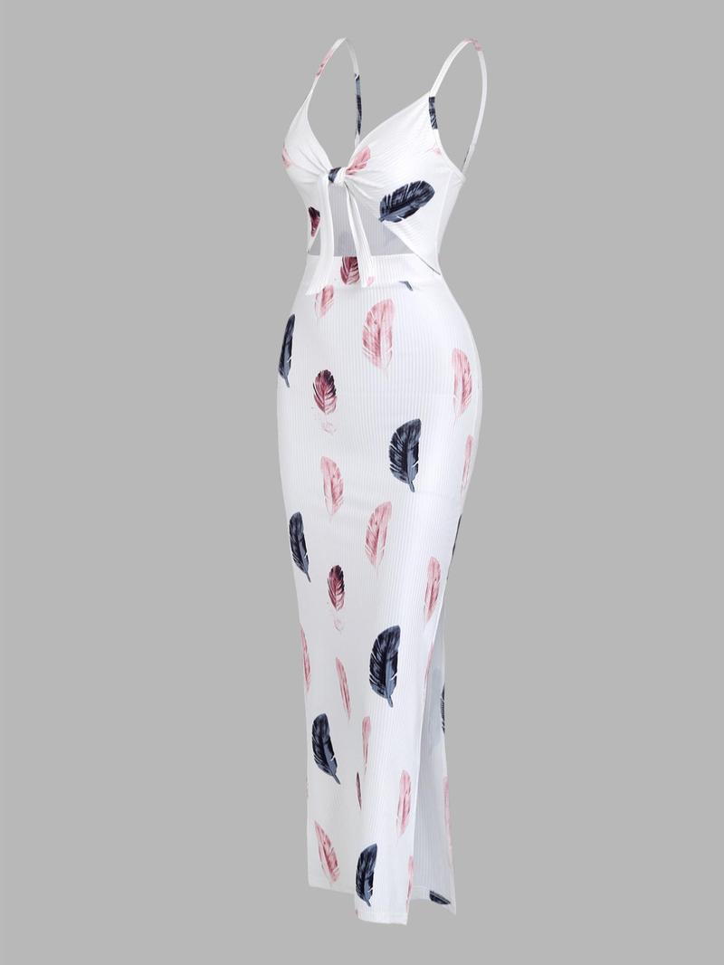 Women's Floral & Feather Print Cut Out Backless Cami Dress Adjustable Strap Split Thigh Long Dress for Summer, Ladies Clothes for Beach Holiday Boho Sleeveless Dress