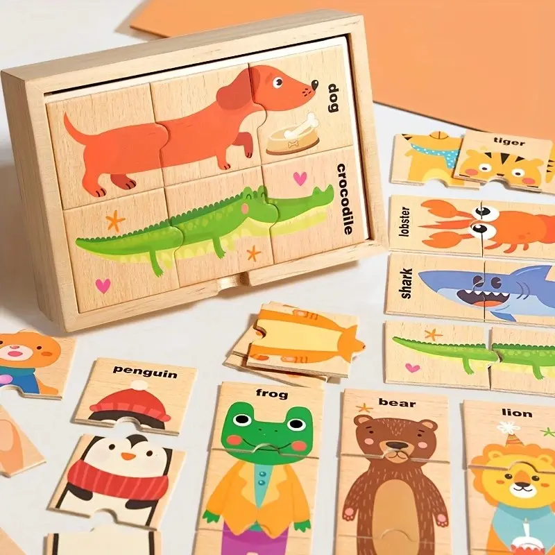 Wooden Cartoon Animal Puzzle Toy, Early Education English Word Recognition, Animal Pattern Brain Game, Gift Set for Kids, Animal Shape Puzzle