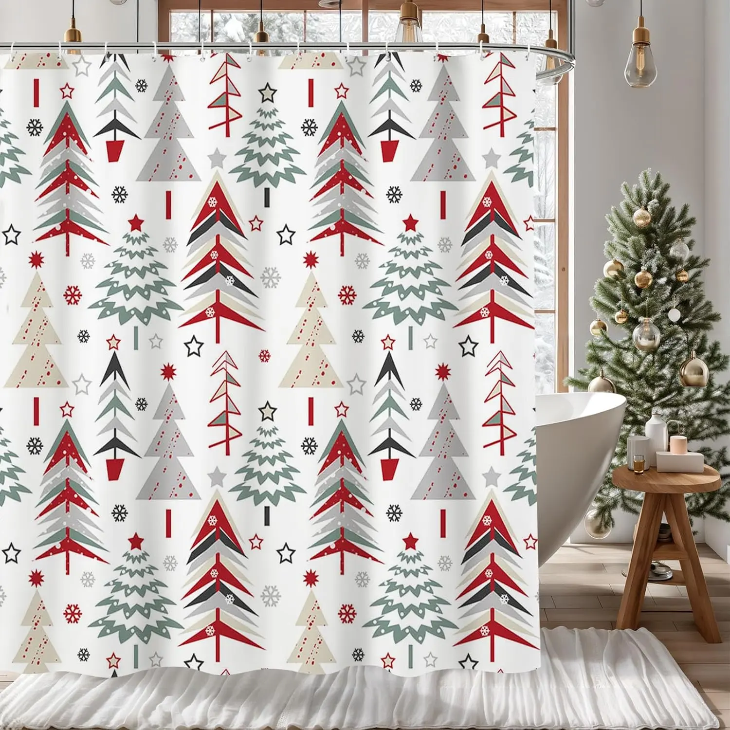 Christmas Shower Curtain Xmas Tree Shower Curtain Winter Snowflake Pattern Curtain for Bathroom Decor Washable Durable Fabric Bathroom Curtains