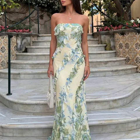 Women Strapless Floral Print Maxi Mermaid Dress, Vertical Ruffle Trim Bodycon Long Dress, Summer Beach Vacation Elegant Chic Wedding Guest Formal Dresses, Elegant Sleeveless Dress, Wedding Guest Gown