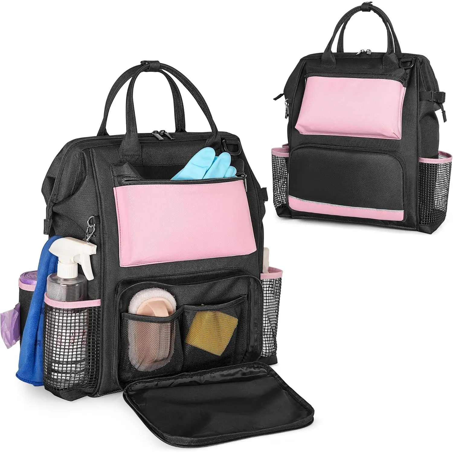 Heavy Duty Cleaning Supplies Bag with Steel Frame Top,  | Large Cleaning  with Adjustable  Straps and Multiple Pockets for Housekeeping Work,  Designed
