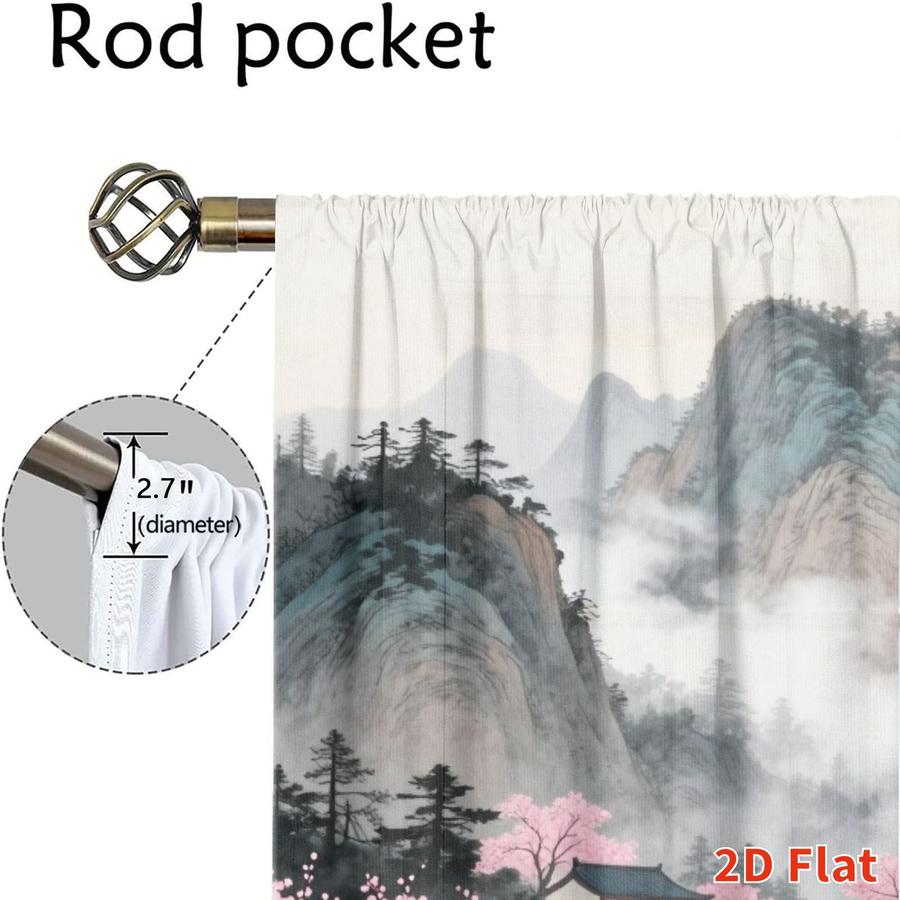 2Pcs Traditional Chinese Landscape Pagoda Cherry Blossom Waterfall Pattern Curtains Digital Printed Rod Pocket, Window Treatment For Bedroom Office Kitchen Living Room Study Home Decor