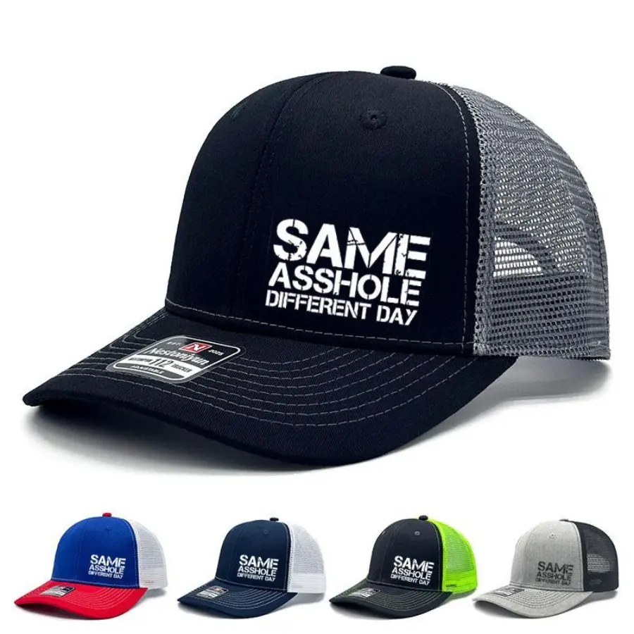 Funny Quote Graphic Print Trucker Snapback Hat - Men's Hats, Adjustable Mesh Back Premium Quality Cap, Casual Wear for Party/BBQ, Vintage White Lettering Outdoor Headwear
