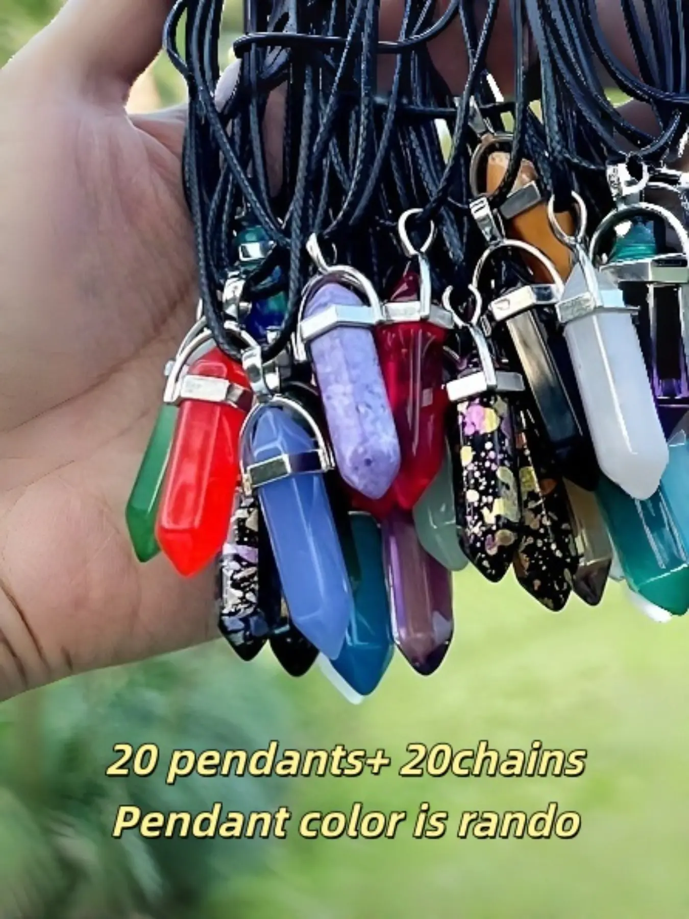 40 piece set of hexagonal chakra natural crystal stone, including adjustable black PU leather chain, hexagonal bullet stone, DIY jewelry, Spiritual Crystal Necklace, suitable as Christmas and Halloween gifts (20 pendants+20 chains)
