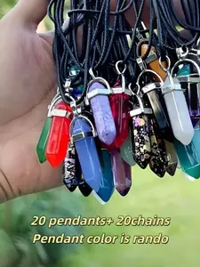 40 piece set of hexagonal chakra natural crystal stone, including adjustable black PU leather chain, hexagonal bullet stone, DIY jewelry, suitable as Christmas and Halloween gifts (20 pendants+20 chains)