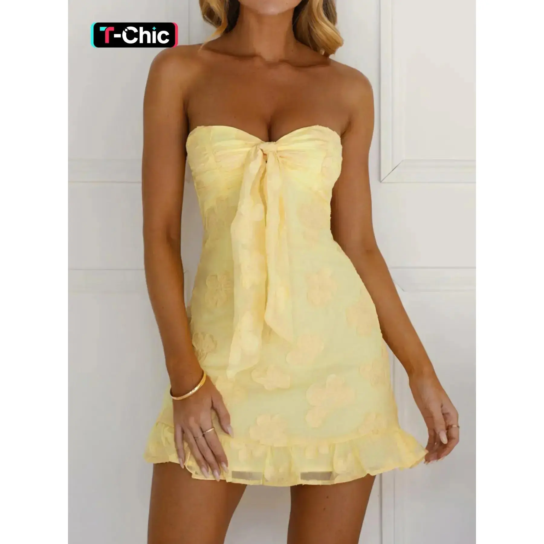 Women's Floral Print Bow Decor Tube Sleeveless Dress, Cute Strapless Flare Backless Party Mini Dress for Beach Holiday Vacation, Ladies Clothes for All Seasons, Elegant Sleeveless Dress
