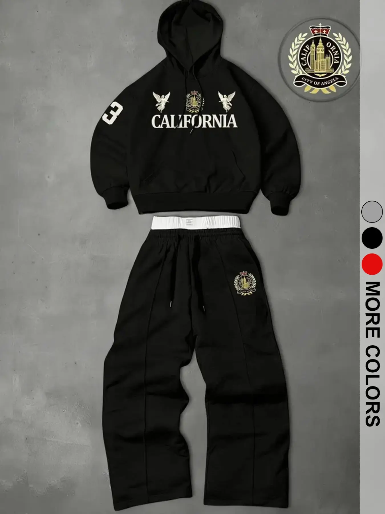 Men's Two-Piece Sports Set, Hooded Sweatshirt and Drawstring Pants, Angel and Number Print, Fall Winter, Casual Athletic Wear