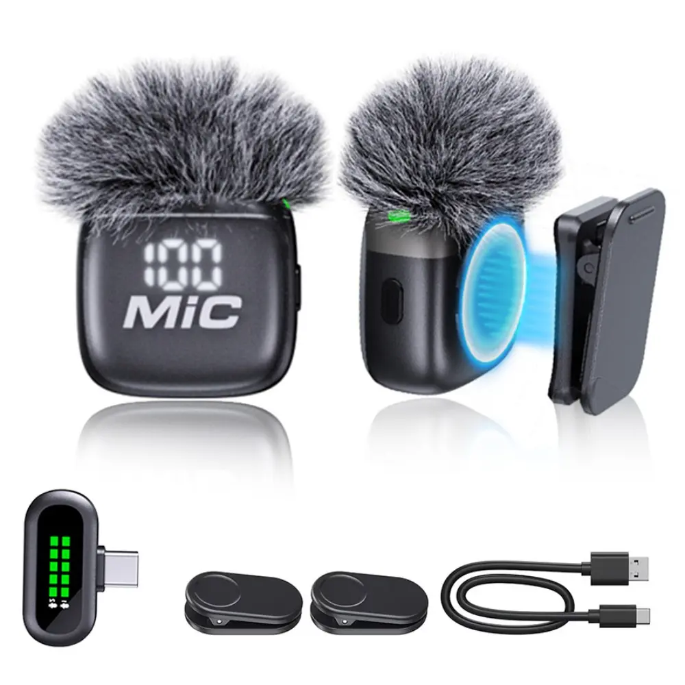 Wireless Lavalier Microphone | One-Key Noise Reduction, Dual Mic Recording, Volume Display | Plug & Play, Anti-Interference, Type-C | Perfect for TikTok, Live Streaming, Interviews, Vlogs & Content Creation with Wind Muff
