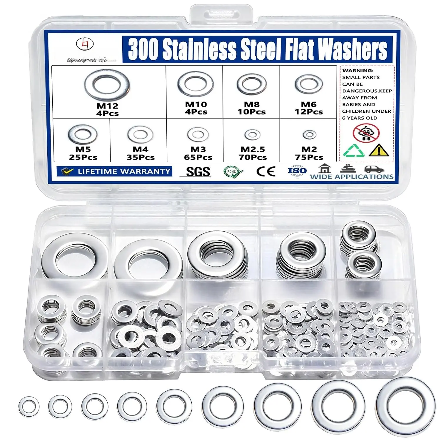 300-Count 304 Stainless Steel Flat Washers Set Kit - Multi-Size (M2, M2.5, M3, M4, M5, M6, M8, M10, M12) for Screws/Nuts, Furniture Repair, Easy Storage, Long-Term Durability, Indoor & Outdoor Use for Industrial Users