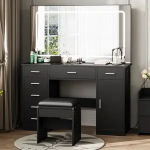 Garvee Vanity Desk with Large Mirror and Lights, Makeup Vanity with Charging Station, 3 Lighting Modes Adjustable Brightness, Vanity Table Set with 7 Drawers, Makeup Table for Bedroom